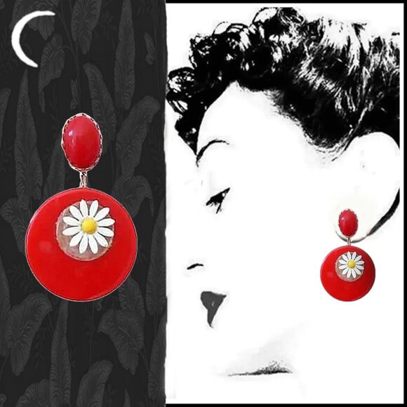 Red Hoop Earrings With Daisy Dangles OOAK Recycled Vintage Retro Vibe - Picture 1 of 9